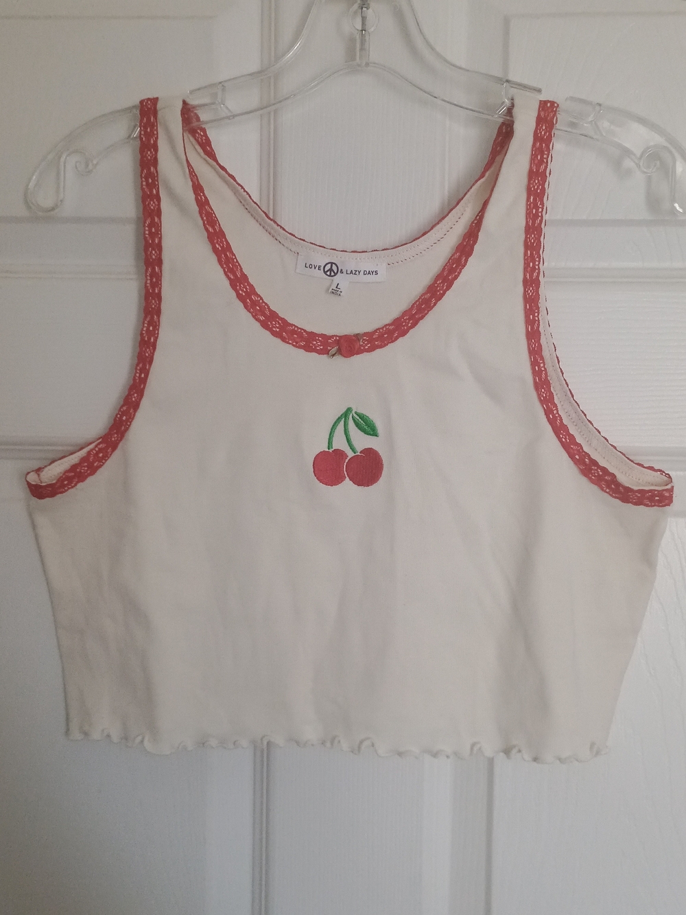 EUC Love Peace & Lazy Days Cream Cherry Cropped Tank Red Lace Trim Scalloped Hem